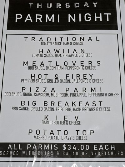Thursday Parmi Night menu